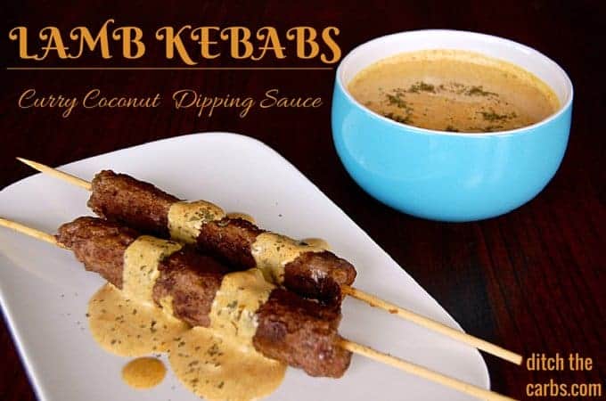 Lamb Kebabs With Coconut Curry Dipping Sauce. See how easy this is to make and packed with nutrition, especially if served with coconut cauliflower rice. Make it tonight and it will soon become a family favourite. | ditchthecarbs.com