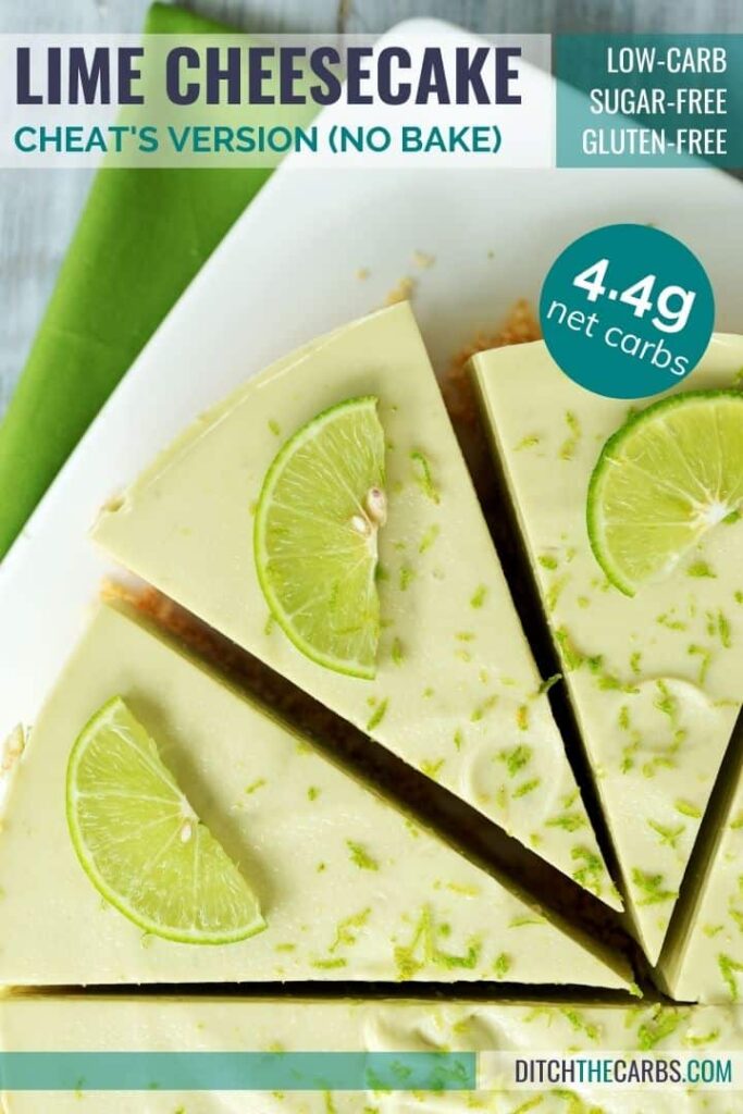 lime cheesecake sliced and decorated with lime slices, on a white plate