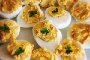 Close-up of curried devilled eggs
