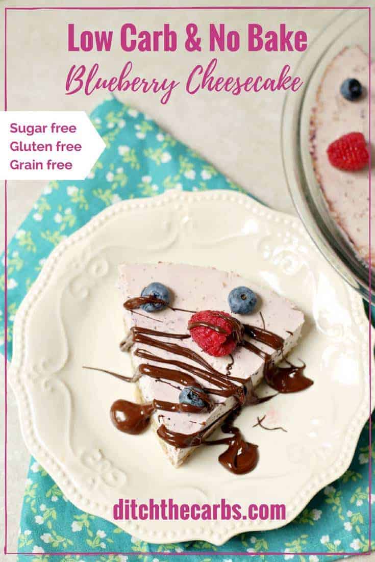 low-carb no bake blueberry cheesecake served on a white dish and drizzled with sugar-free chocolate
