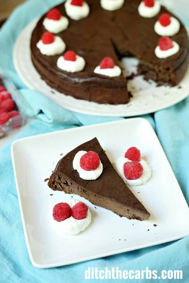 low-carb chocolate-heaven cake served with whipped cream and berries sliced and served