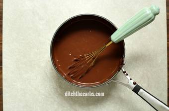 A close up of a bowl of melted chocolate