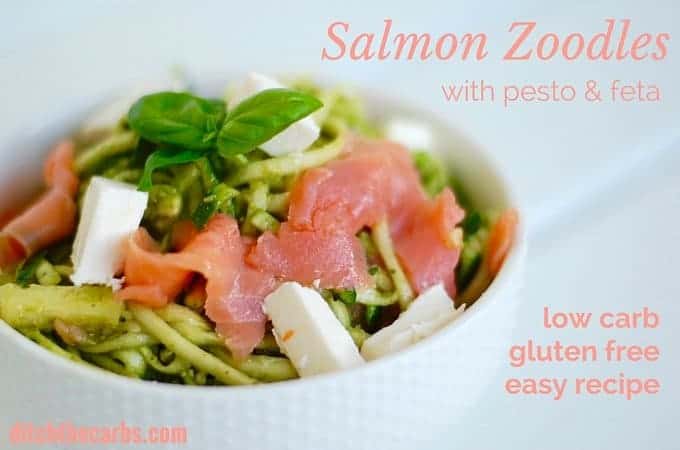 Healthy salmon zoodles with pesto and feta. Clean eating at its best. Low carb and gluten free. | ditchthecarbs.com