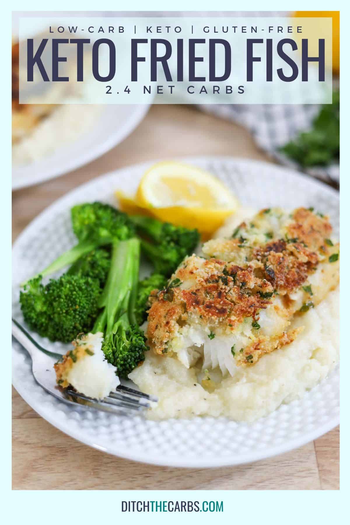 keto fried-fish on a white plate with broccoli
