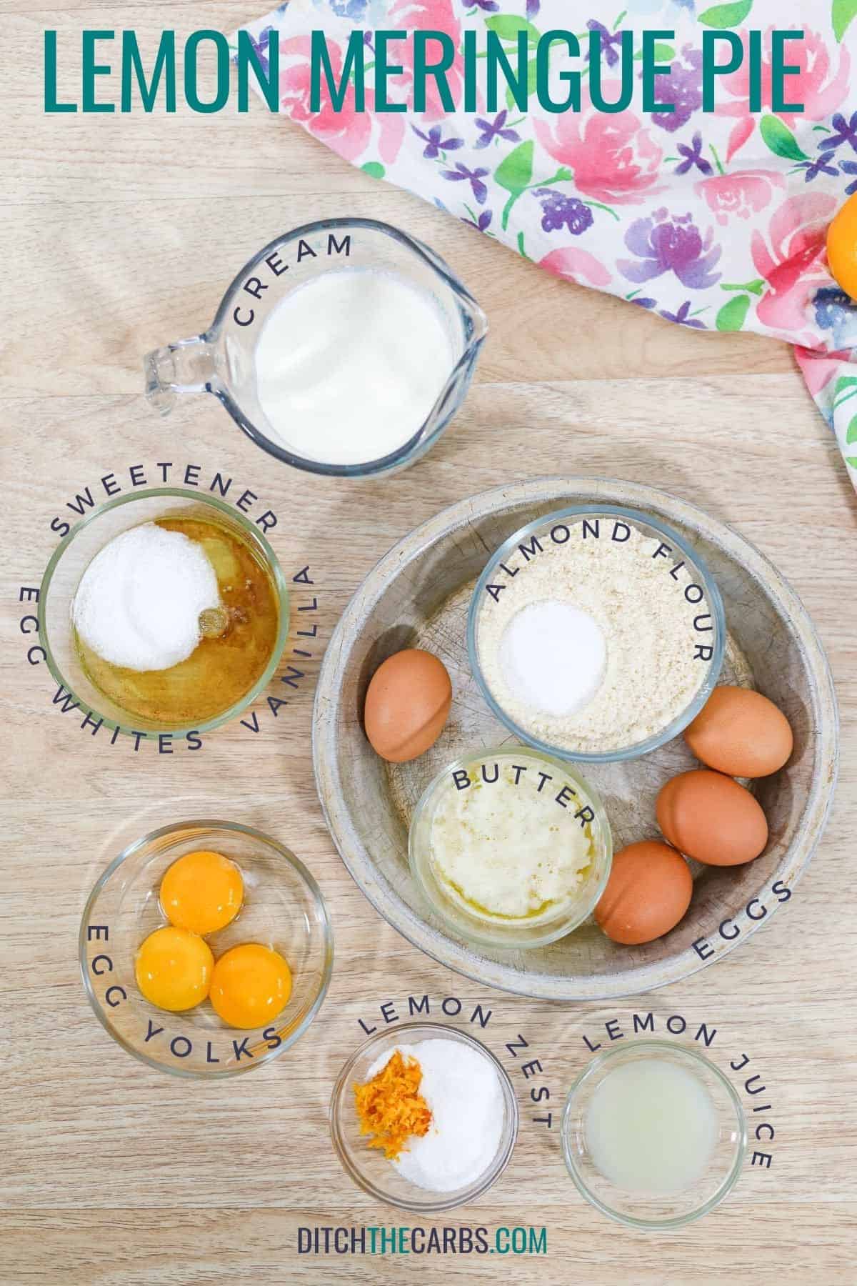 labelled ingredients to make keto lemon meringue pie