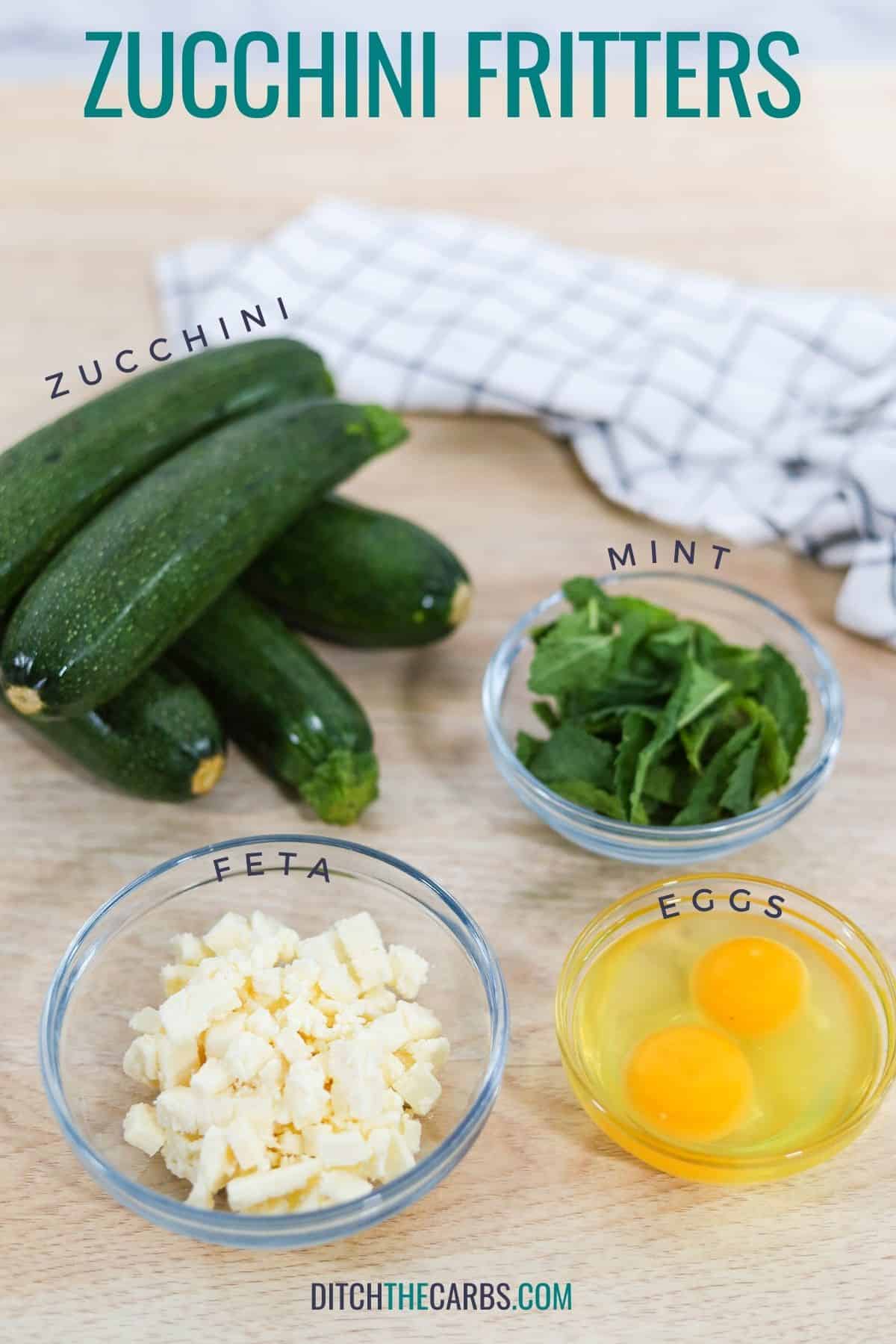 collage of ingredients to make zucchini fritters
