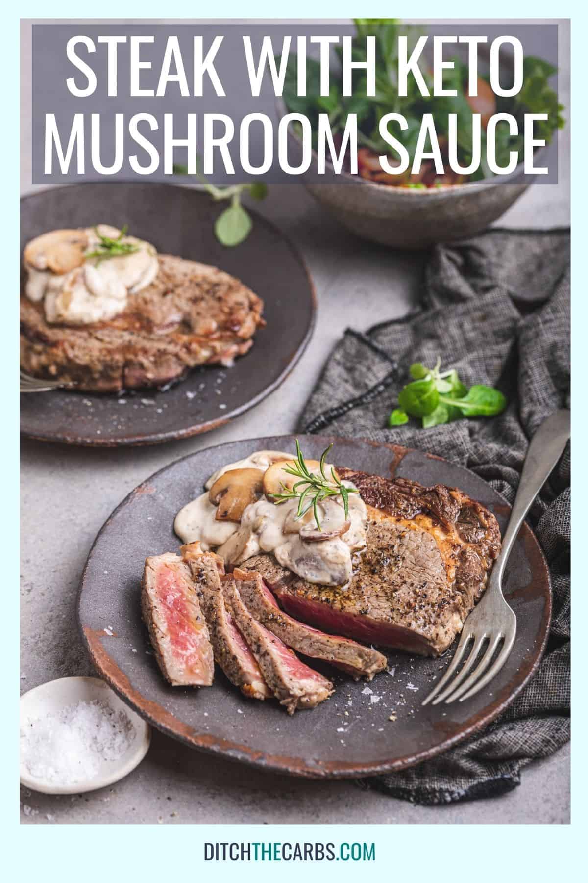 steak sliced on a plate with mushroom sauce