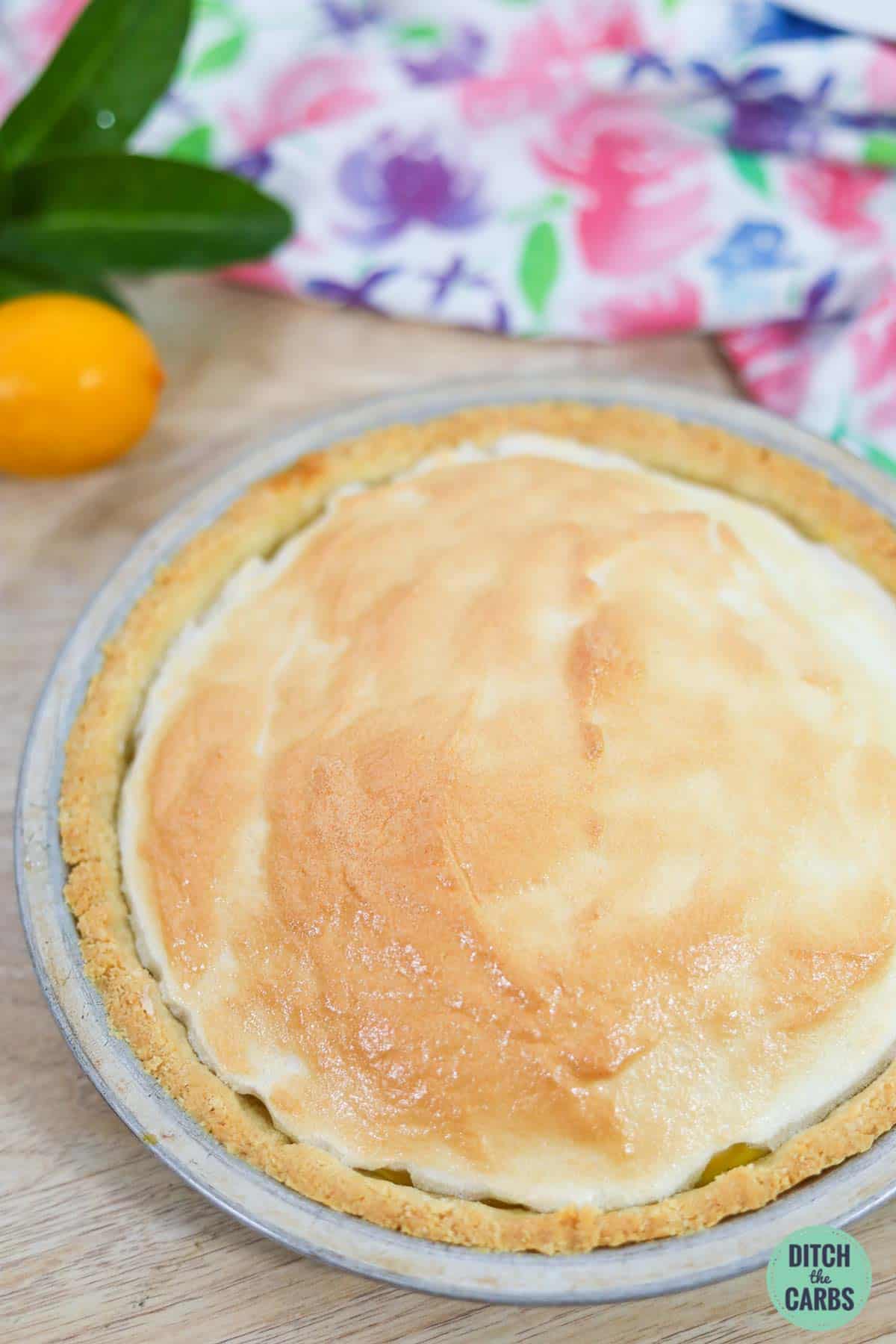 keto lemon meringue pie baked from the oven