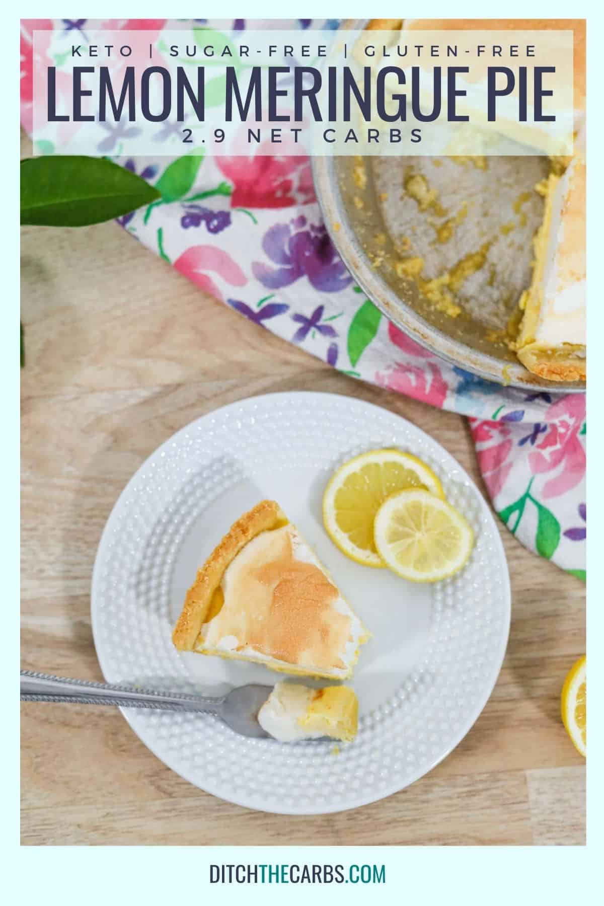 keto lemon meringue pie being eaten with a fork and a white plate