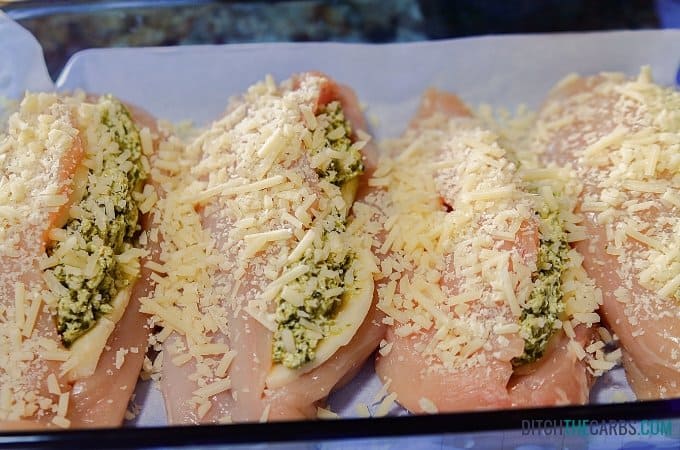 Two-Cheese Pesto Chicken Prepped for Baking