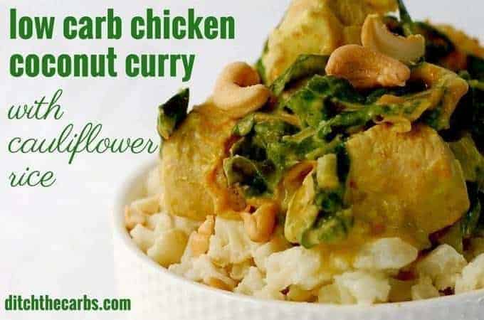 Super easy slow cooker recipe for low carb chicken coconut curry, with a cauliflower rice. | ditchthecarbs.com