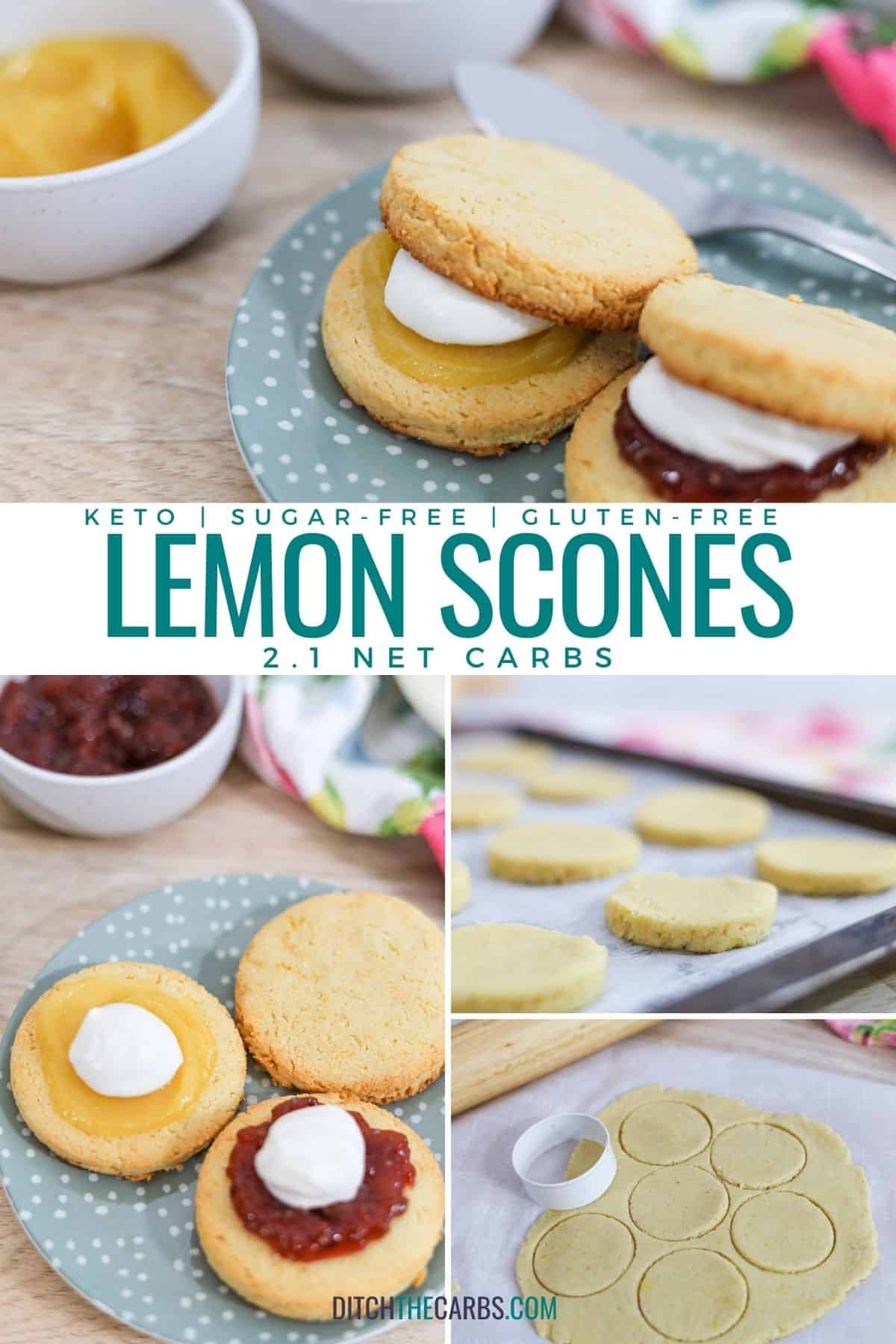 collage of how to make keto scones served with whipped cream and lemon curd