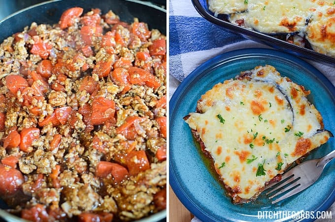 Various images of how to make low-carb moussaka with eggplant