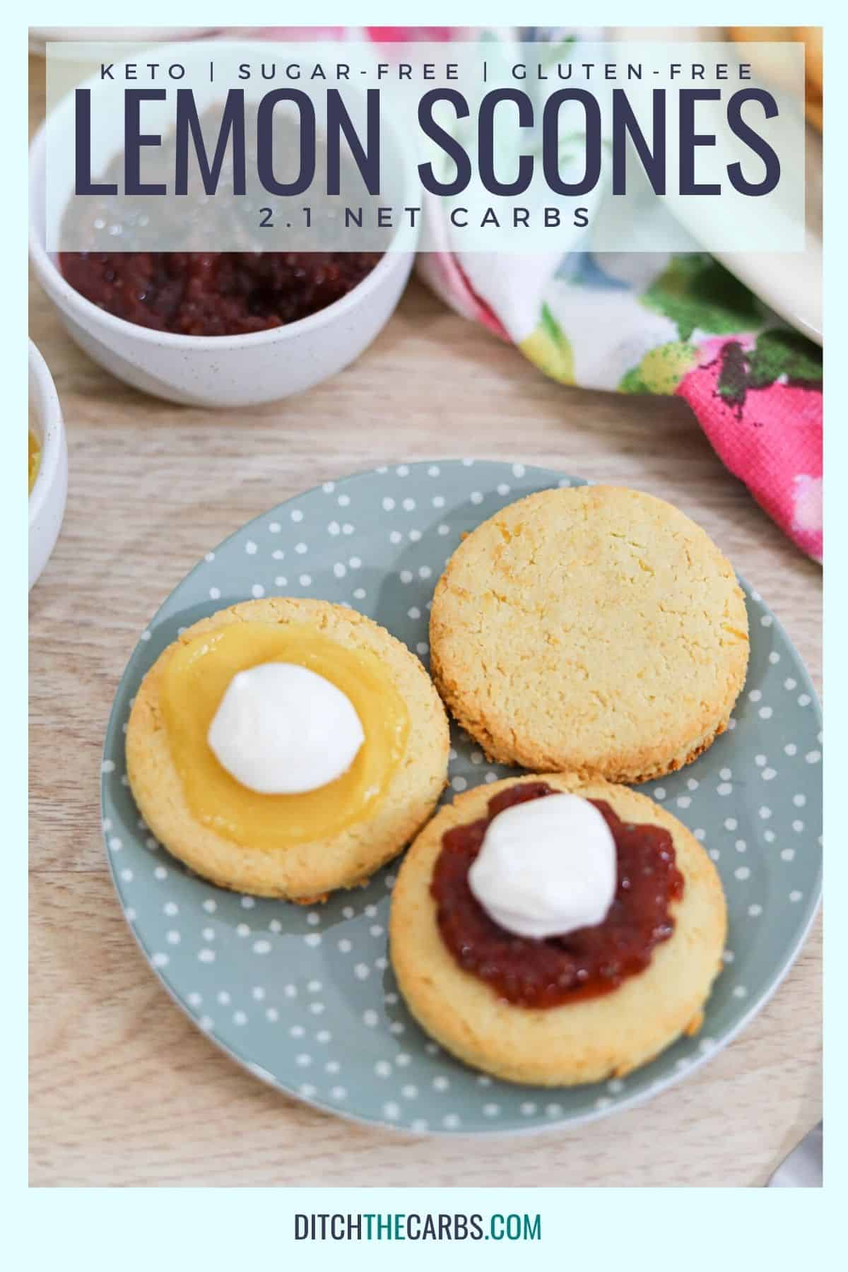keto scones served with whipped cream and lemon curd