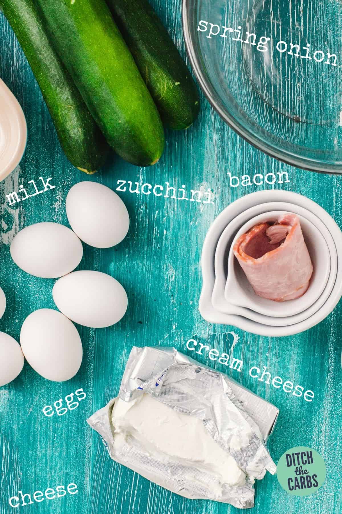 ingredients labelled for zucchini and bacon keto egg casserole