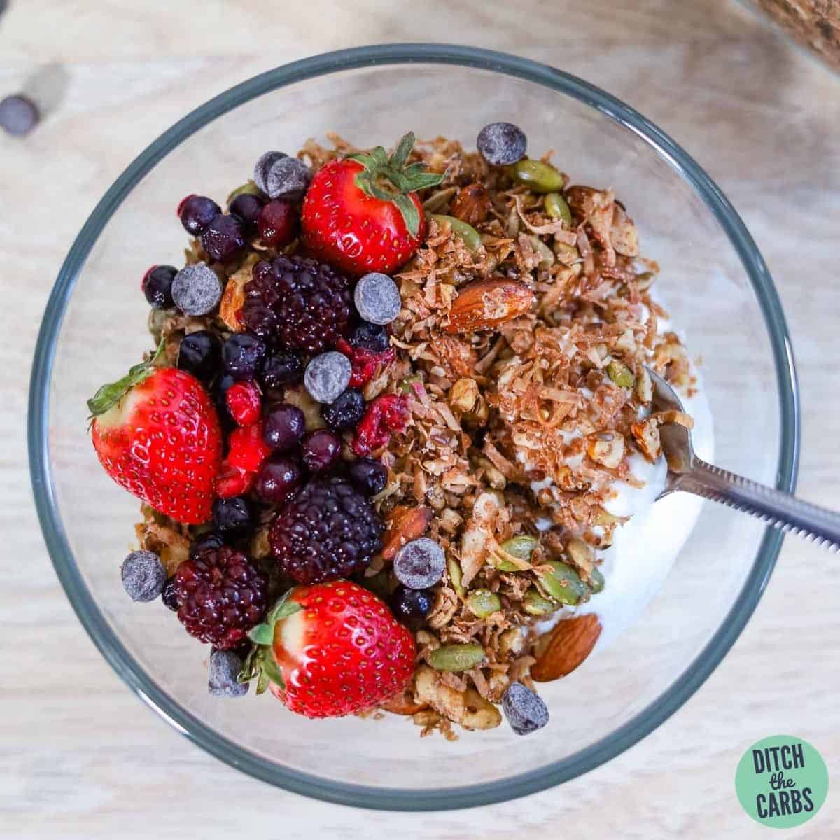 a bowl of keto chocolate granola with berries