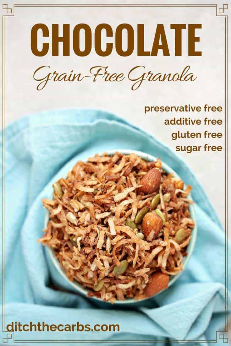 Watch the quick video how to make sugar-free chocolate grain-free granola. Your kids will LOVE this. | ditchthecarbs.com