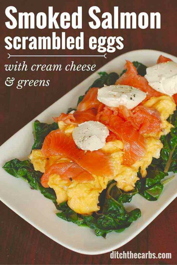 Is this the ultimate LCHF breakfast of champions? LCHF smoked salmon scrambled eggs with cream cheese and leafy greens. #ketobreakfast #lowcarbbreakfast #glutenfreebreakfast