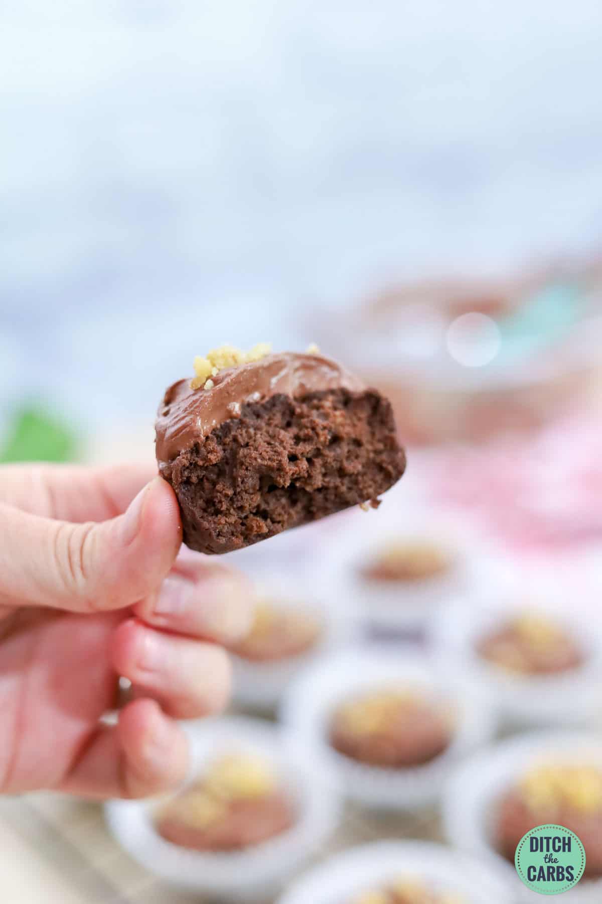 a hand holding up a chocolate cupcake with a bite taken