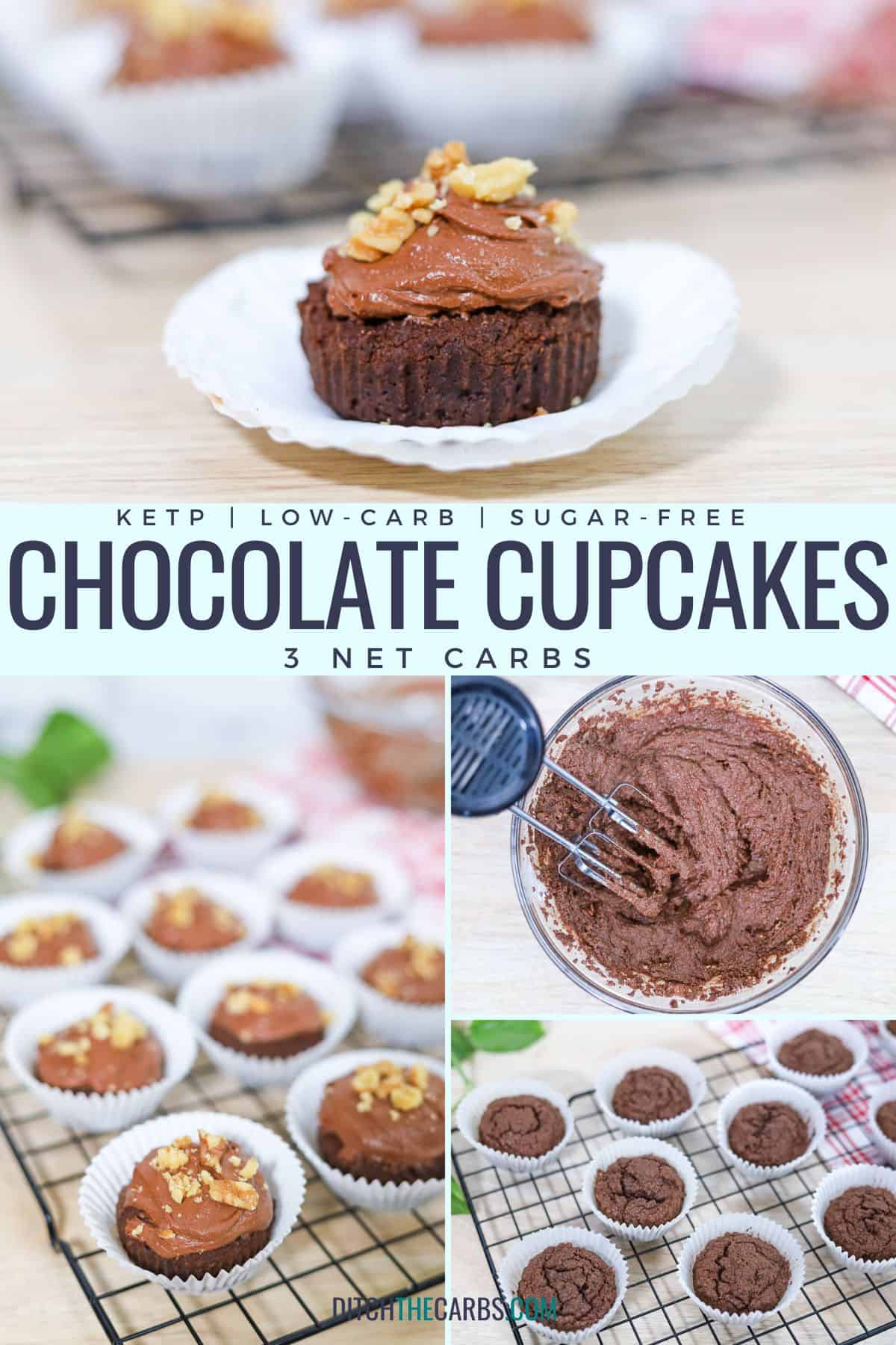a collage of how to make keto chocolate cupcakes