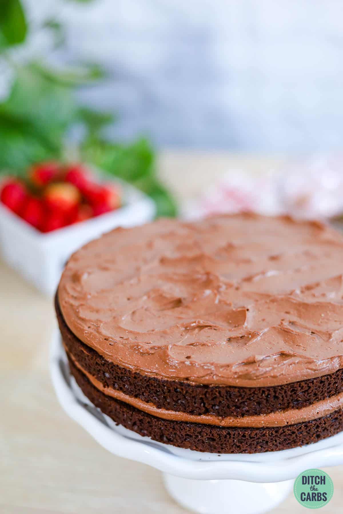 keto chocolate frosting on a 2 layered cake
