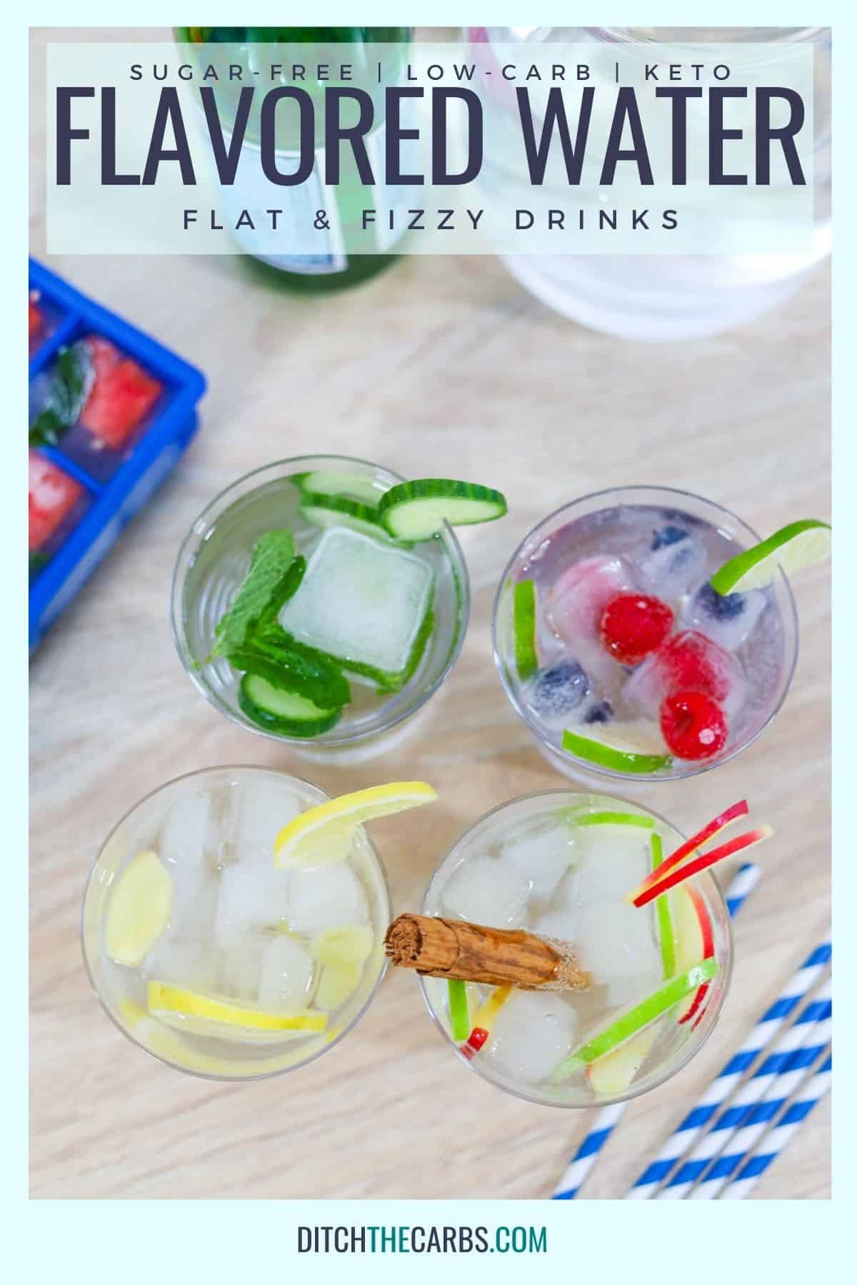 4 glasses with different flavoured water ideas in them