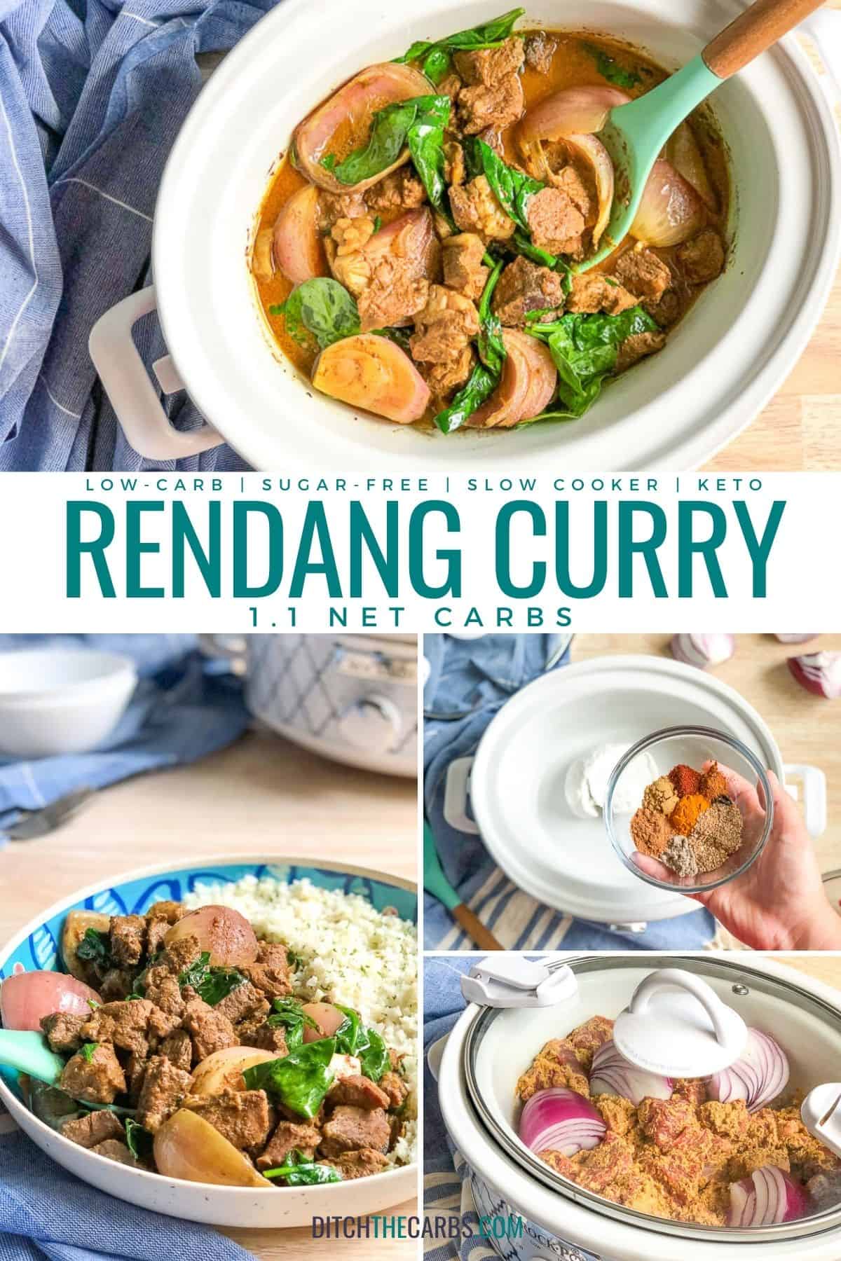 collage of how to make beef rendang in the slow cooker