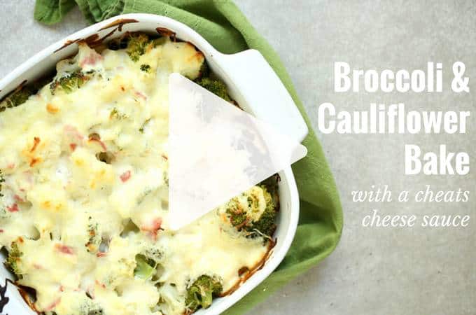 A white ceramic dish with yummy baked broccoli and cauliflower cheese bake
