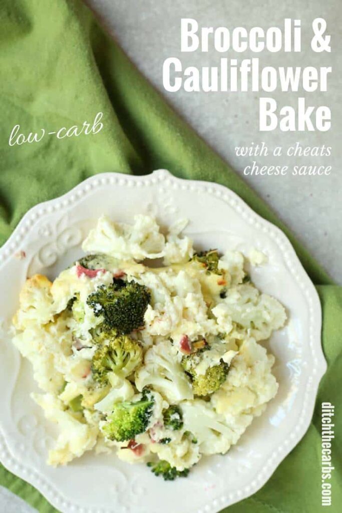 Watch the quick cooking video for broccoli and cauliflower bake, with a cheats cheese sauce. Low carb and nutritious. Gluten free, low car, LCHF, HFLC, Banting and primal. | ditchthecarbs.com