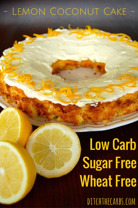Lemon Coconut Cake decorated with cream cheese frosting and lemon zest