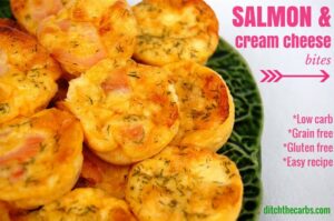 Easy Recipe For Salmon and Cream Cheese Bites. Grain free, wheat free, gluten free and low carb. Can be frozen. | ditchthecarbs.com