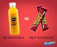 Images comparing the sugar in a orange juice to a cherry ripe
