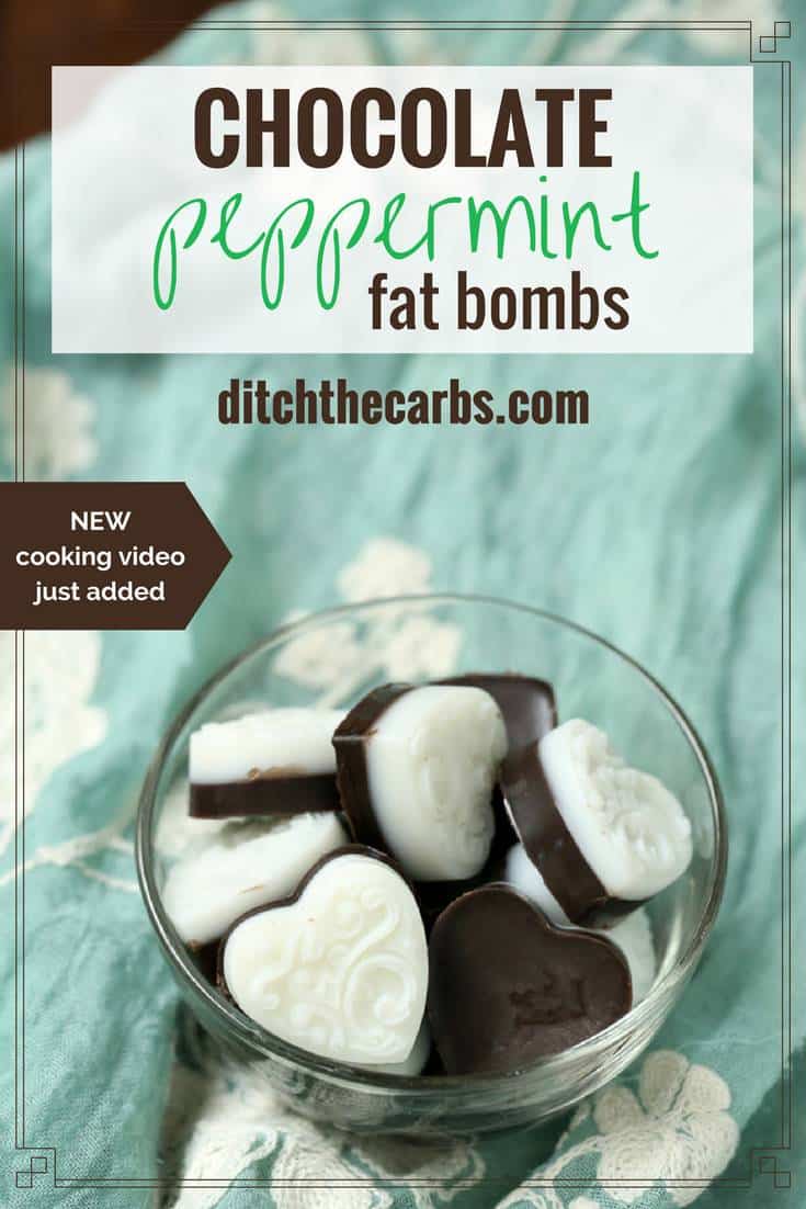 Sugar-free peppermint fat bombs sitting in a glass dish