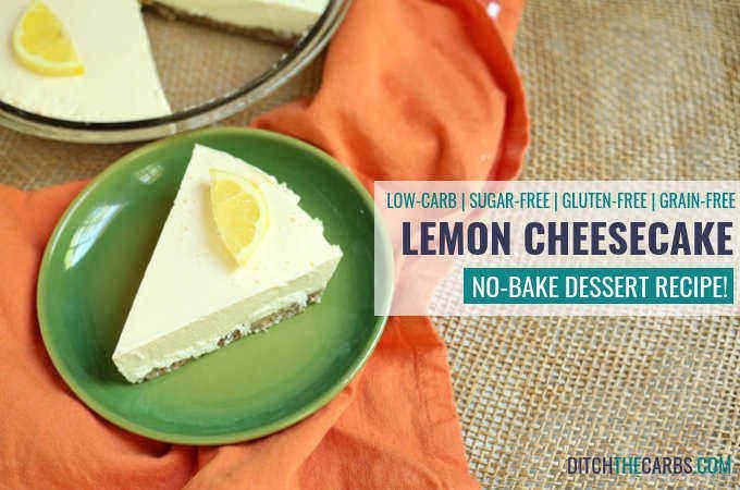 sugar free no bake lemon cheesecake sliced and served on a green plate with a wedge of lemon