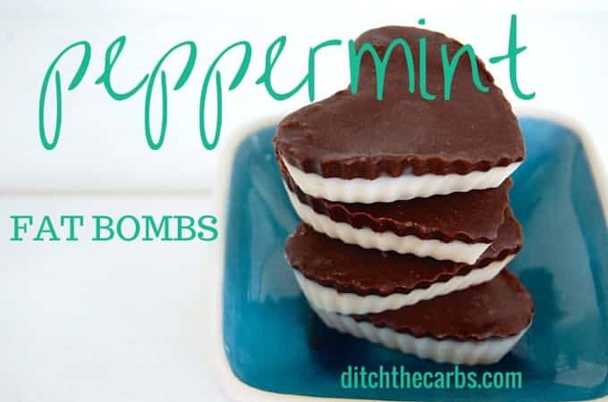 A stack of peppermint fat bombs sitting in a little blue crazed ceramic dish
