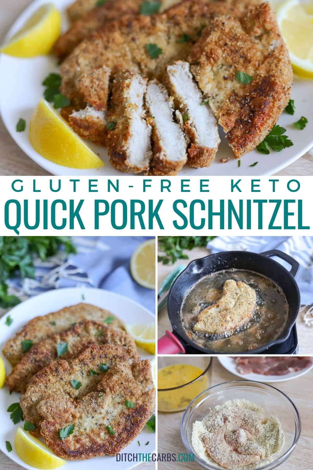 collage of keto pork schnitzel recipe cooked and served with wedges of fresh lemons