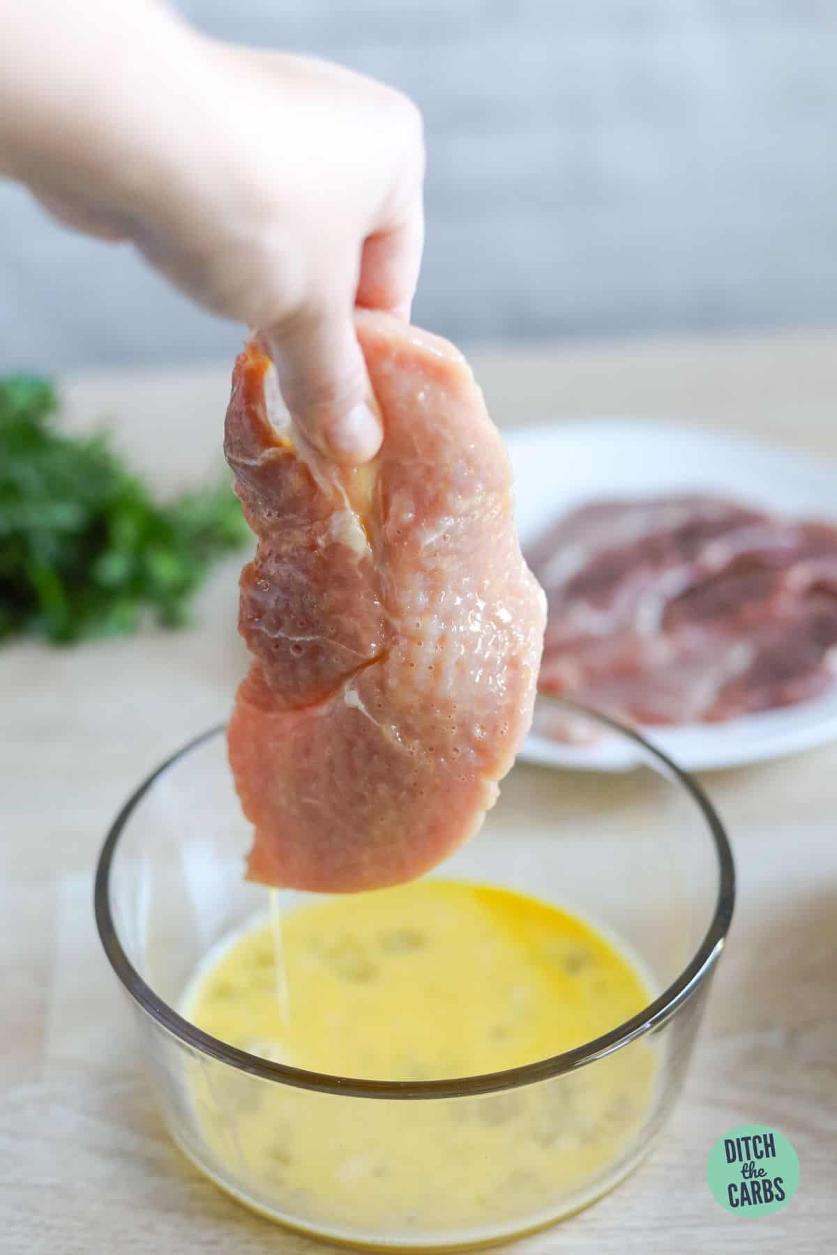 thin pork strips covered in egg mixture