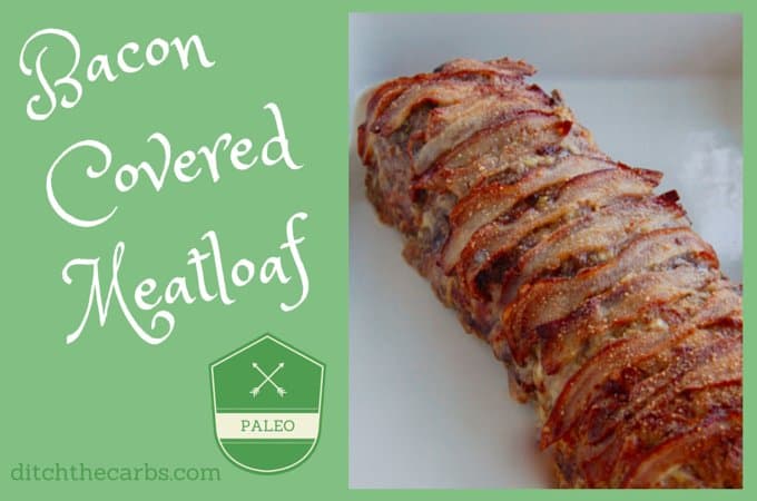 A close up of bacon covered meatloaf