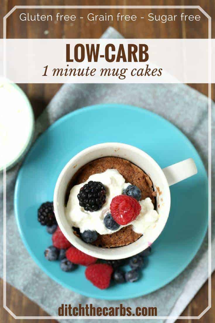 1 minute low carb mug cakes, now with a quick coking video. Perfect for an after school snack or individual portion control. Sugar free, gluten free, healthy and chocolate perfection. | ditchthecarbs.com