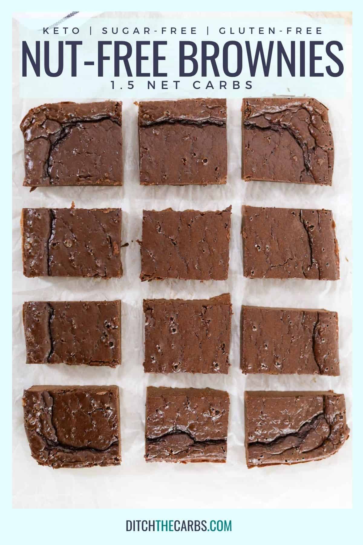 nut-free keto brownies cut into squares on a tray