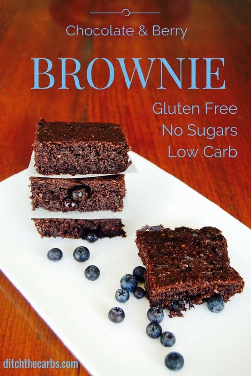Sugar free chocolate berry brownie stacked on a plate and served with fresh blueberries