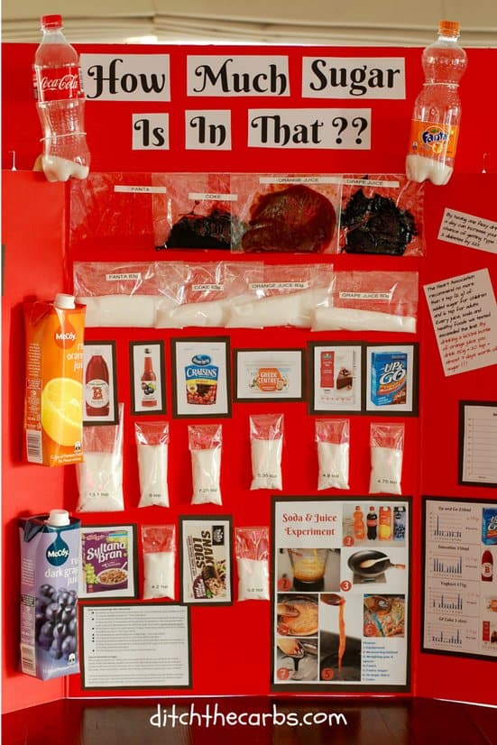 sugar science fair project on a red board with bottles and bags of sugar to represent the containers