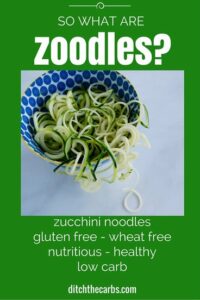 A bowl of zucchini noodles zoodles in a blue and white dish