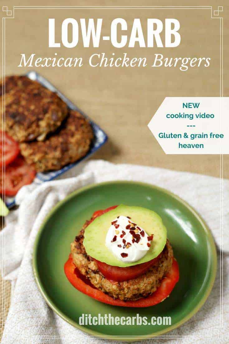 Mexican Chicken Burgers served with avocado and sour cream