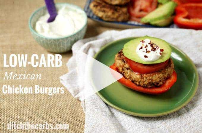 Mexican chicken burgers served with avocado and sour cream