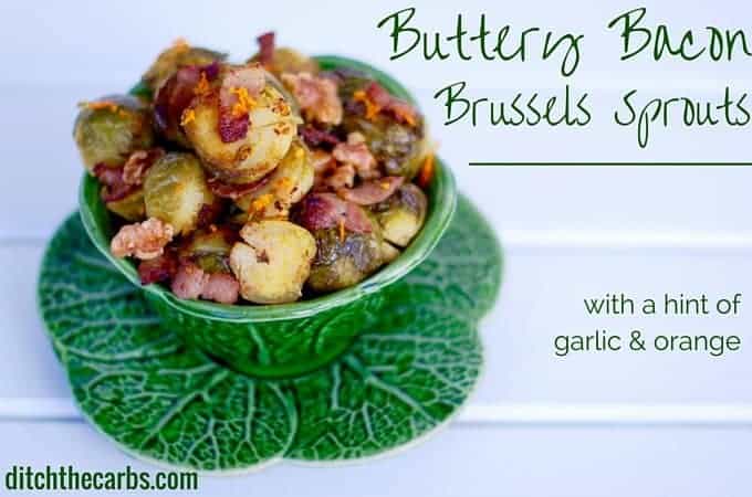 Buttery bacon Brussels sprouts served in a cabbage ceramic bowl for low-carb thanksgiving