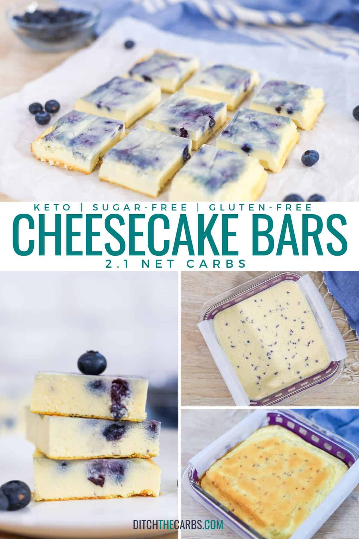 collage of how to make vanilla berry keto cheesecake bars