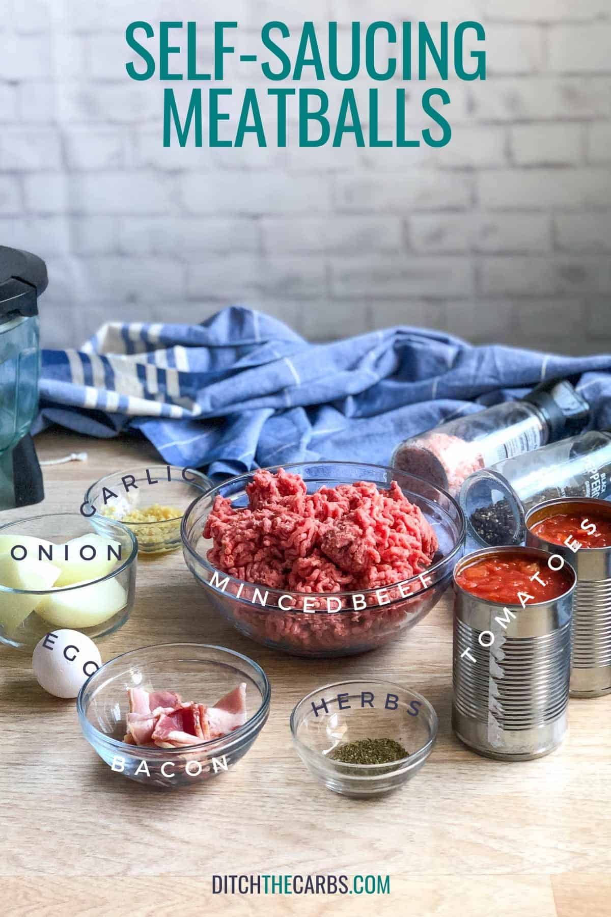 ingredients labelled to make keto self-saucing meatballs in the slow-cooker