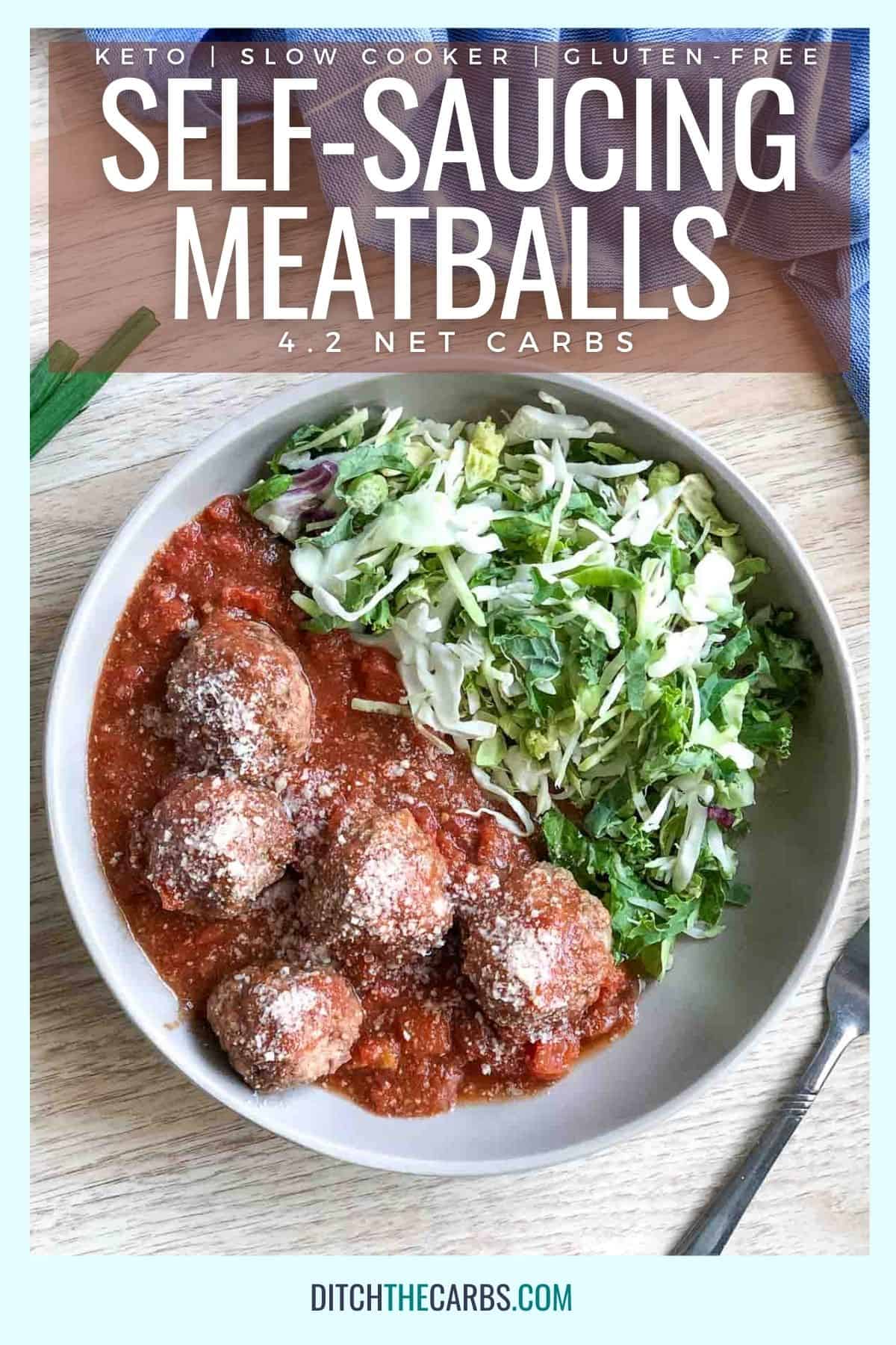 keto self-saucing meatballs served in a bowl with sliced cabbage