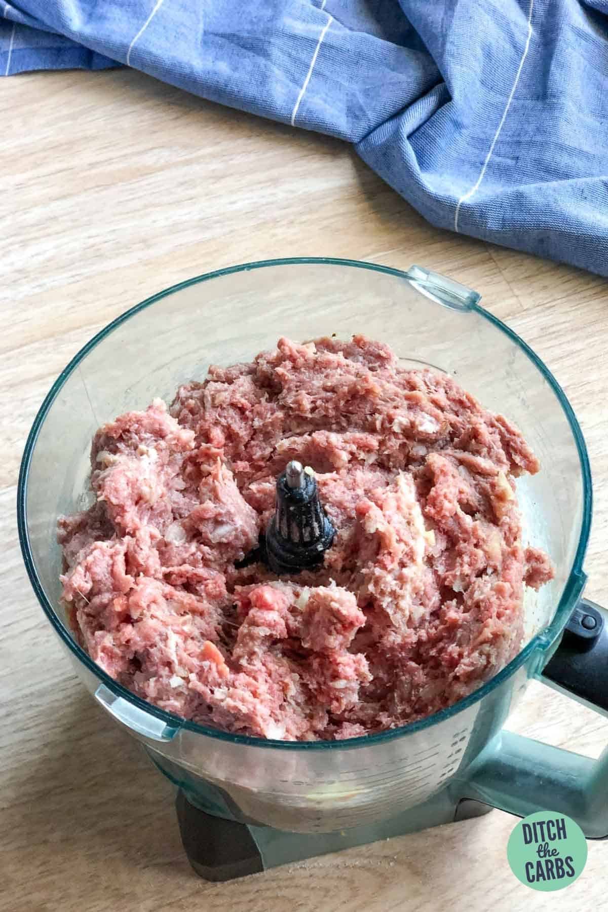 meatball mixture in a food processor bowl